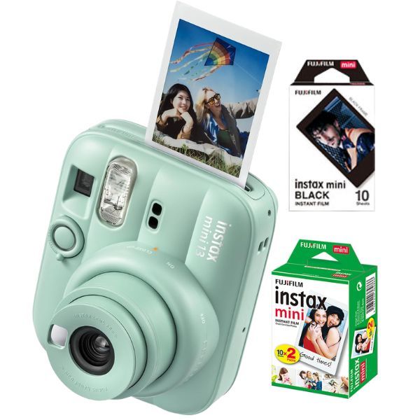 Fujifilm Instax Mini 13 Lagoon Green Instant Camera + 20-Pack Film Bundle (Glossy & Black Edge)